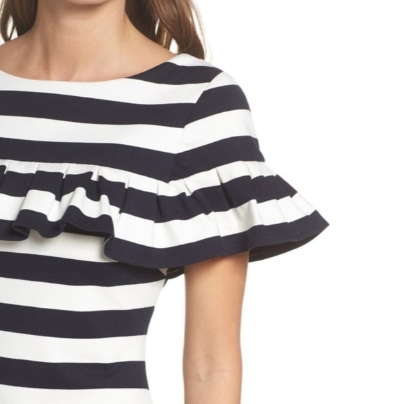 Eliza J Blue and White Mini Dress with Bateau Neckline and Ruffled Cap Sleeves 6 - Picture 3 of 16